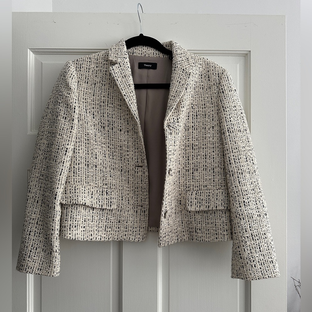 Theory Tweed Cropped Long Sleeve Jacket Blazer (Size 4)